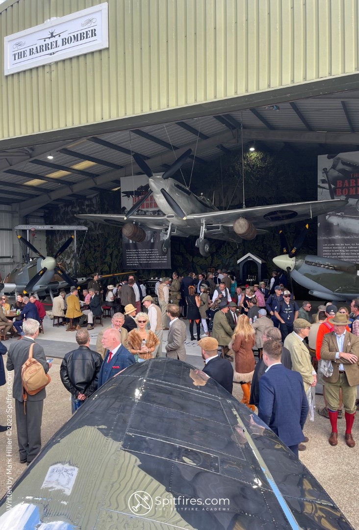 A hangar full of single seat and two seat Spitfire TR9's at Goodwood