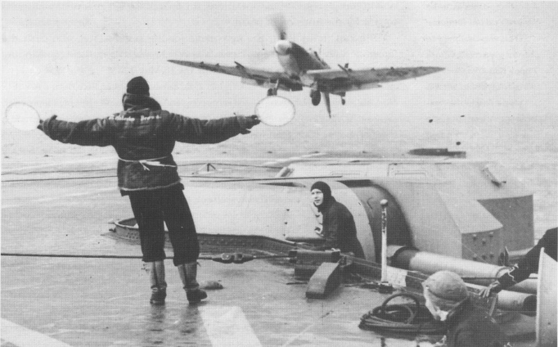 Seafire aircraft coming in to land on HMS Formidable, 1945
